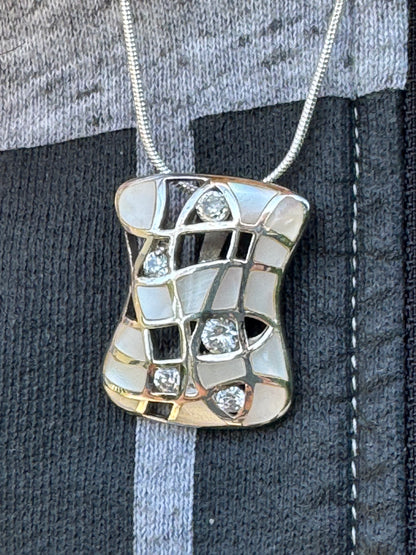 EVENING DRESSING-WHITE MOTHER OF PEARL PLUS CLEAR CRYSTALS STERLING NECKLACE
