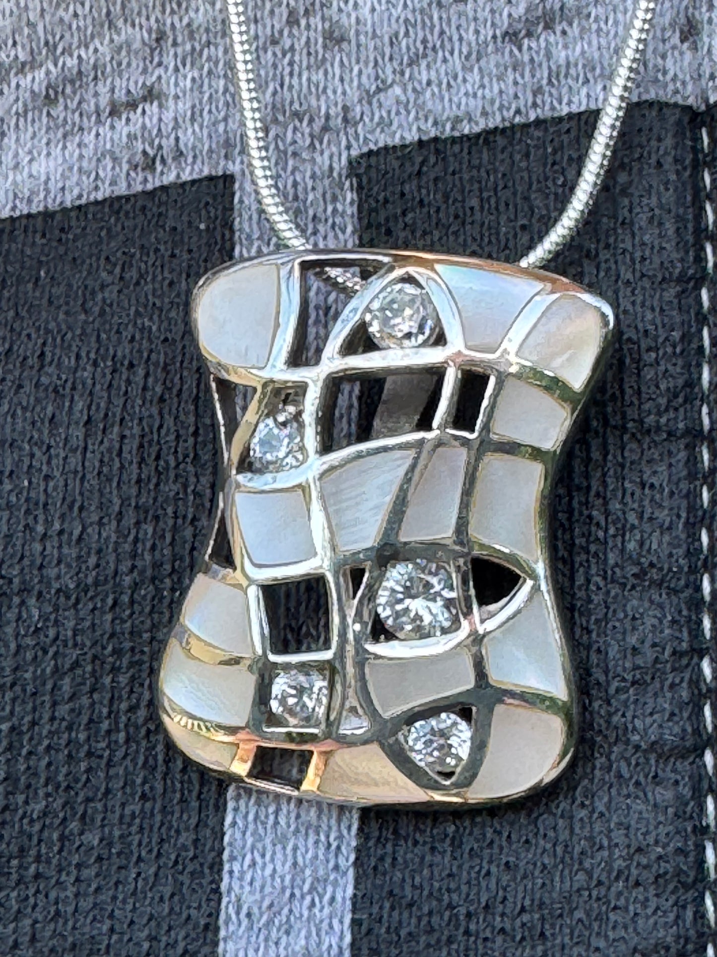 EVENING DRESSING-WHITE MOTHER OF PEARL PLUS CLEAR CRYSTALS STERLING NECKLACE