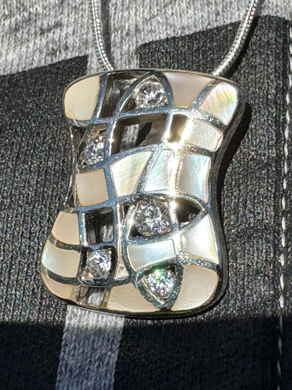 EVENING DRESSING-WHITE MOTHER OF PEARL PLUS CLEAR CRYSTALS STERLING NECKLACE