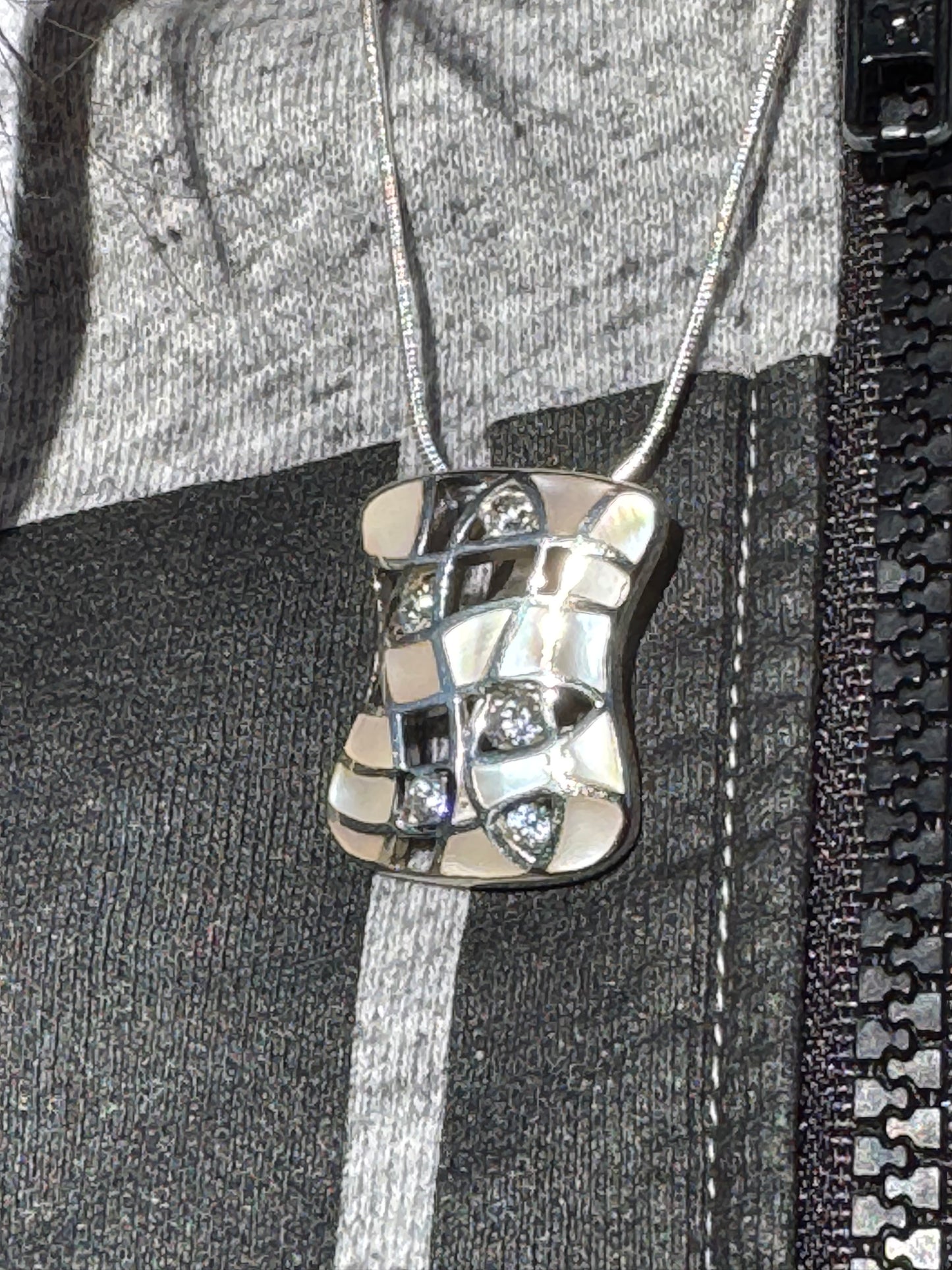 EVENING DRESSING-WHITE MOTHER OF PEARL PLUS CLEAR CRYSTALS STERLING NECKLACE