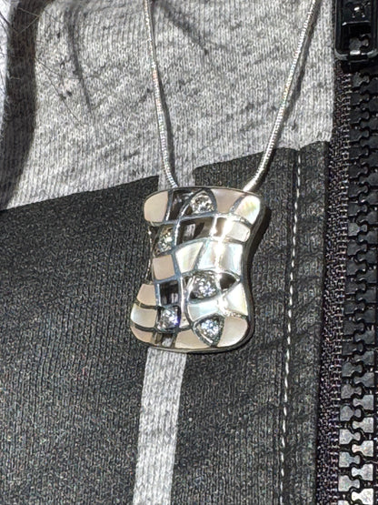 EVENING DRESSING-WHITE MOTHER OF PEARL PLUS CLEAR CRYSTALS STERLING NECKLACE