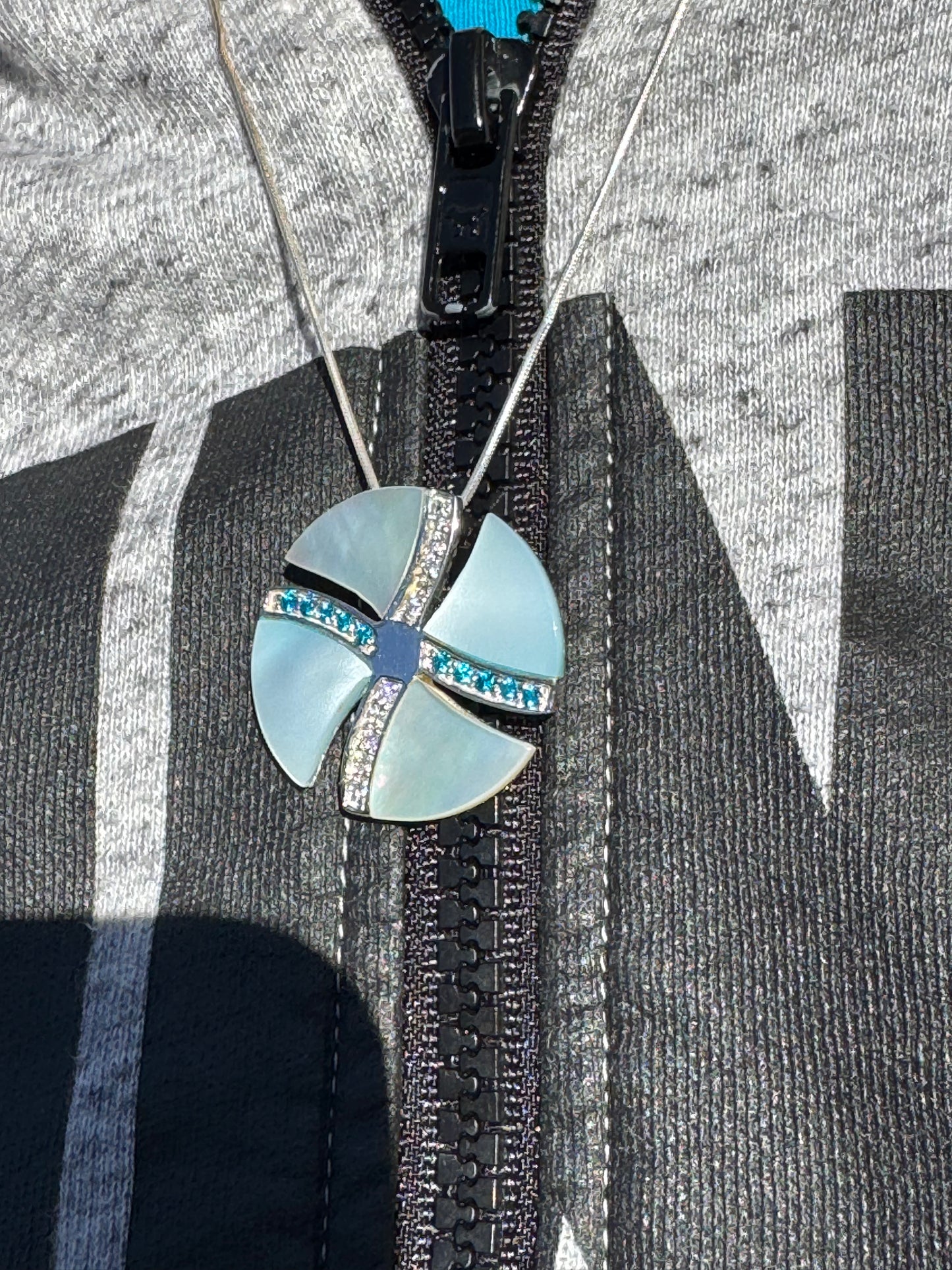 BIG WHITE AND BLUE MOTHER OF PEARL WITH WHITE AND BLUE CRYSTALS STERLING NECKLACE