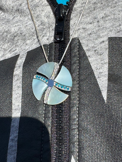 BIG WHITE AND BLUE MOTHER OF PEARL WITH WHITE AND BLUE CRYSTALS STERLING NECKLACE