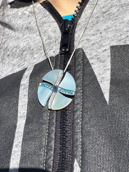 BIG WHITE AND BLUE MOTHER OF PEARL WITH WHITE AND BLUE CRYSTALS STERLING NECKLACE
