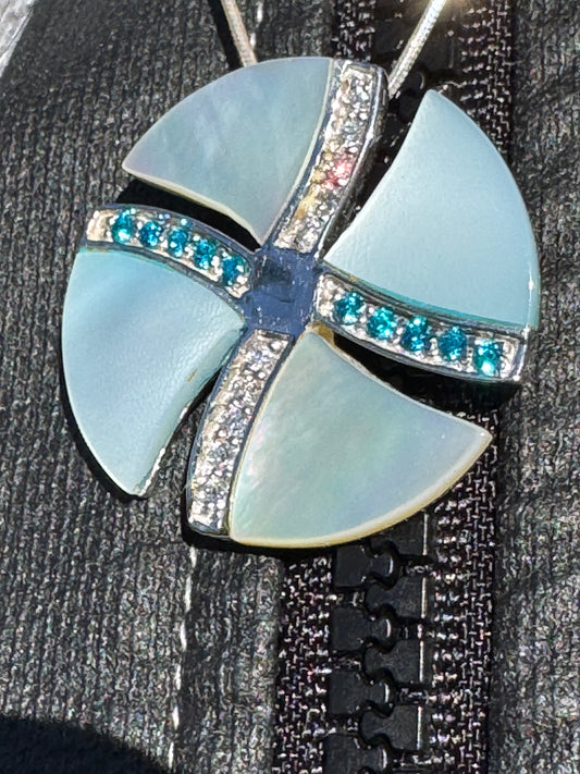 BIG WHITE AND BLUE MOTHER OF PEARL WITH WHITE AND BLUE CRYSTALS STERLING NECKLACE
