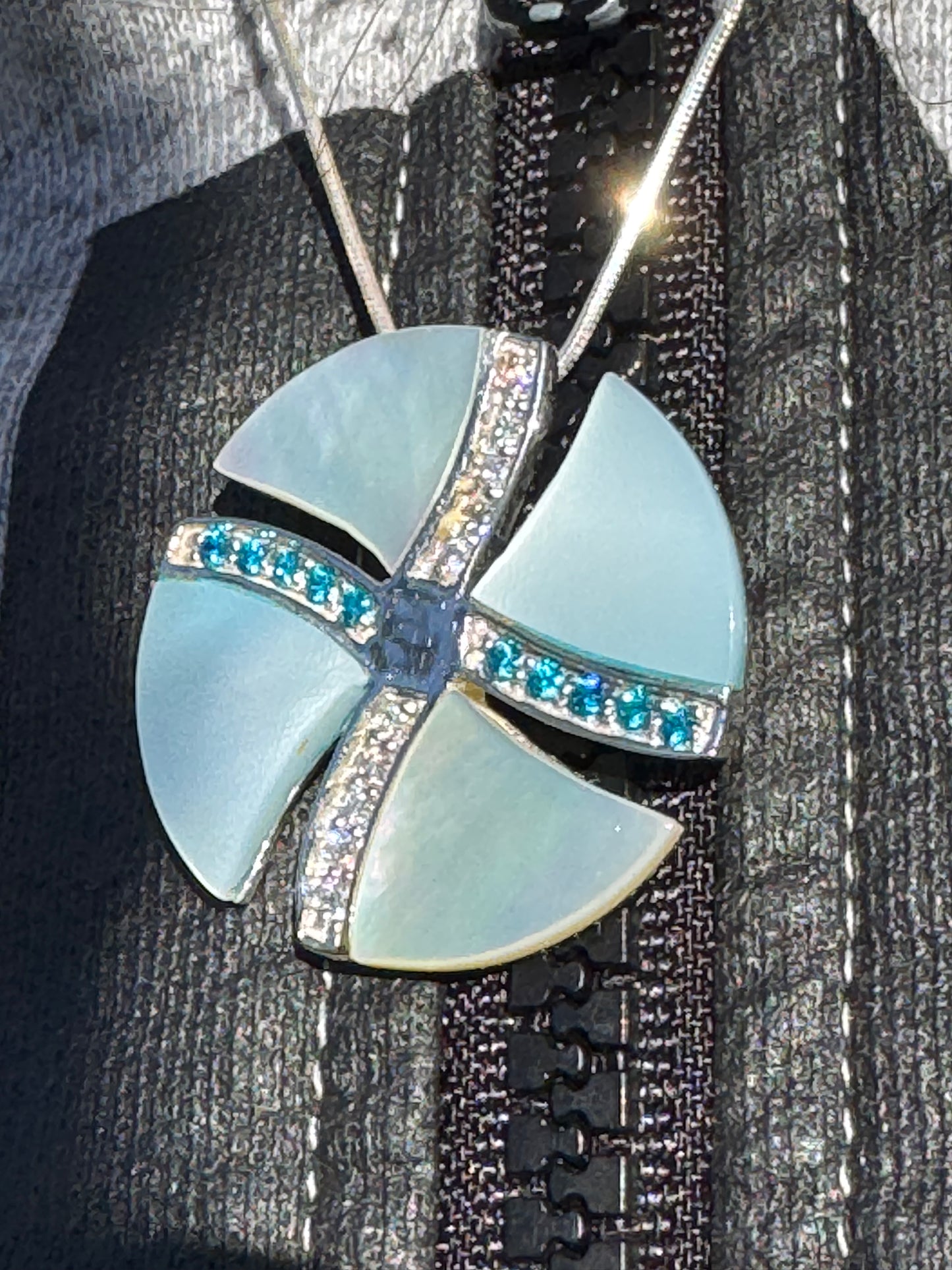 BIG WHITE AND BLUE MOTHER OF PEARL WITH WHITE AND BLUE CRYSTALS STERLING NECKLACE