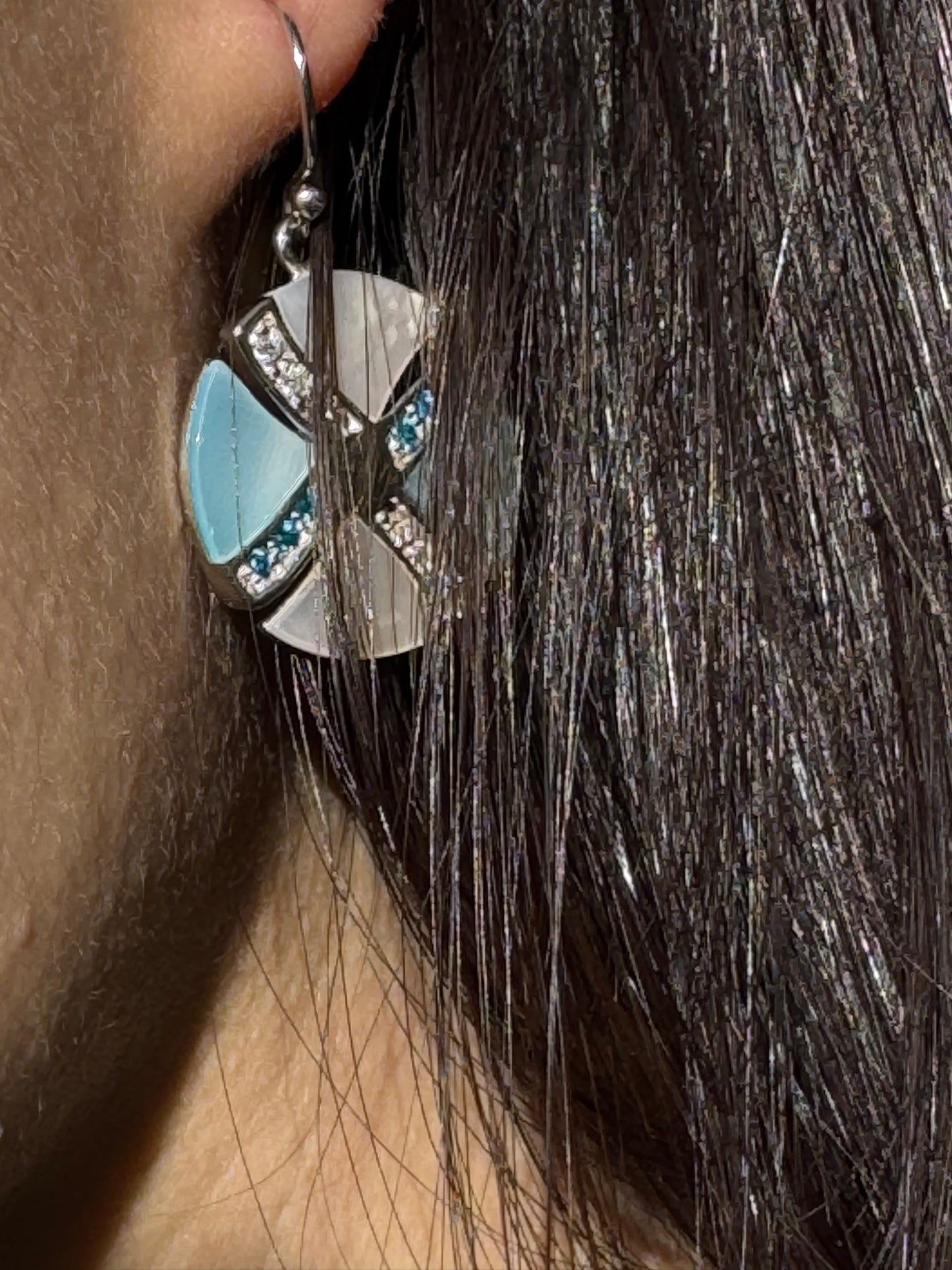 LIGHT BLUE AND WHITE GLITSY STERLING EARRINGS