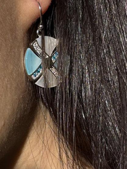 LIGHT BLUE AND WHITE GLITSY STERLING EARRINGS