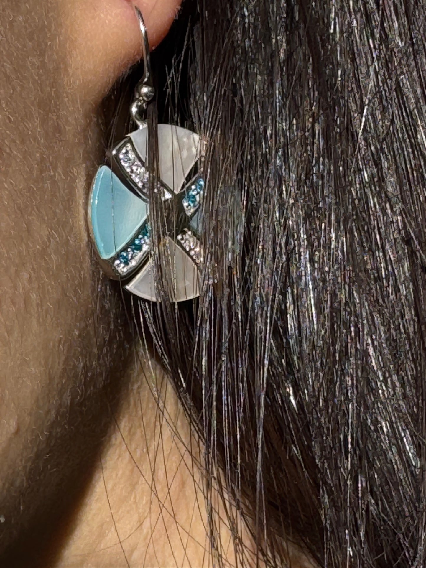 LIGHT BLUE AND WHITE GLITSY STERLING EARRINGS
