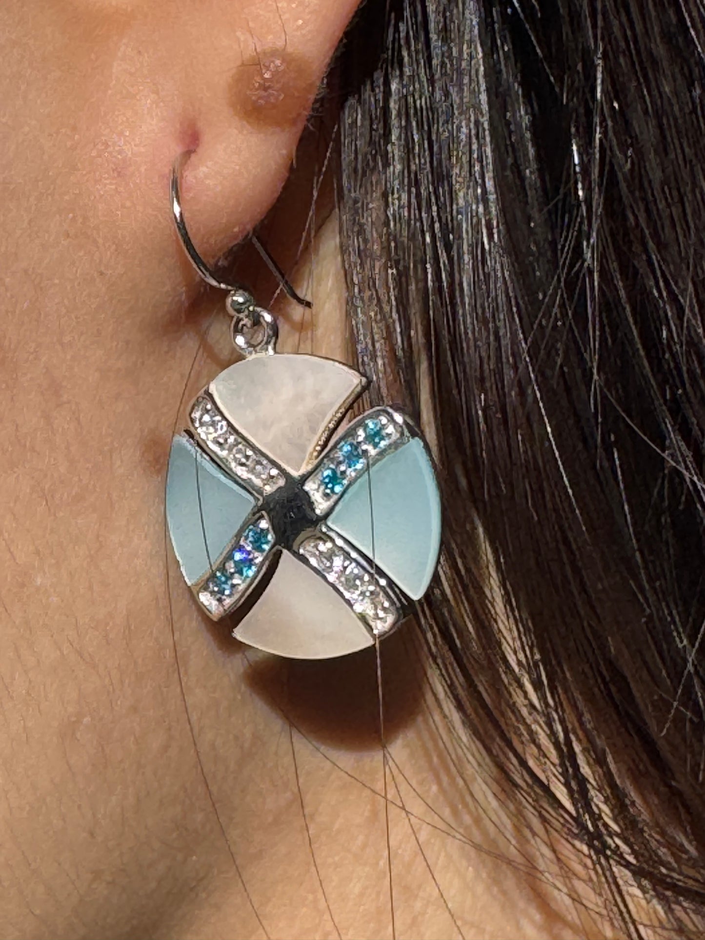 LIGHT BLUE AND WHITE GLITSY STERLING EARRINGS