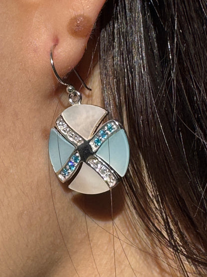 LIGHT BLUE AND WHITE GLITSY STERLING EARRINGS