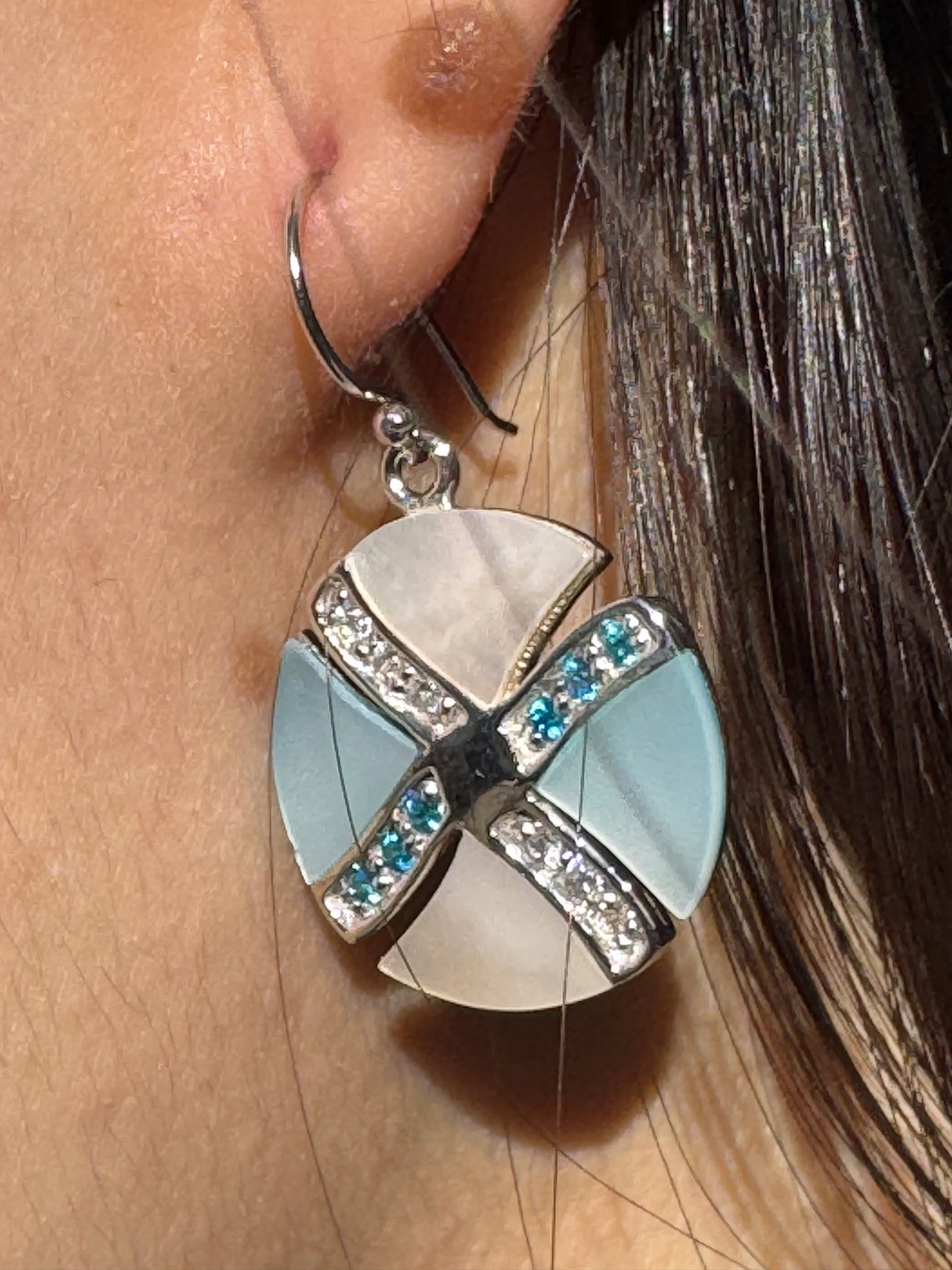 LIGHT BLUE AND WHITE GLITSY STERLING EARRINGS