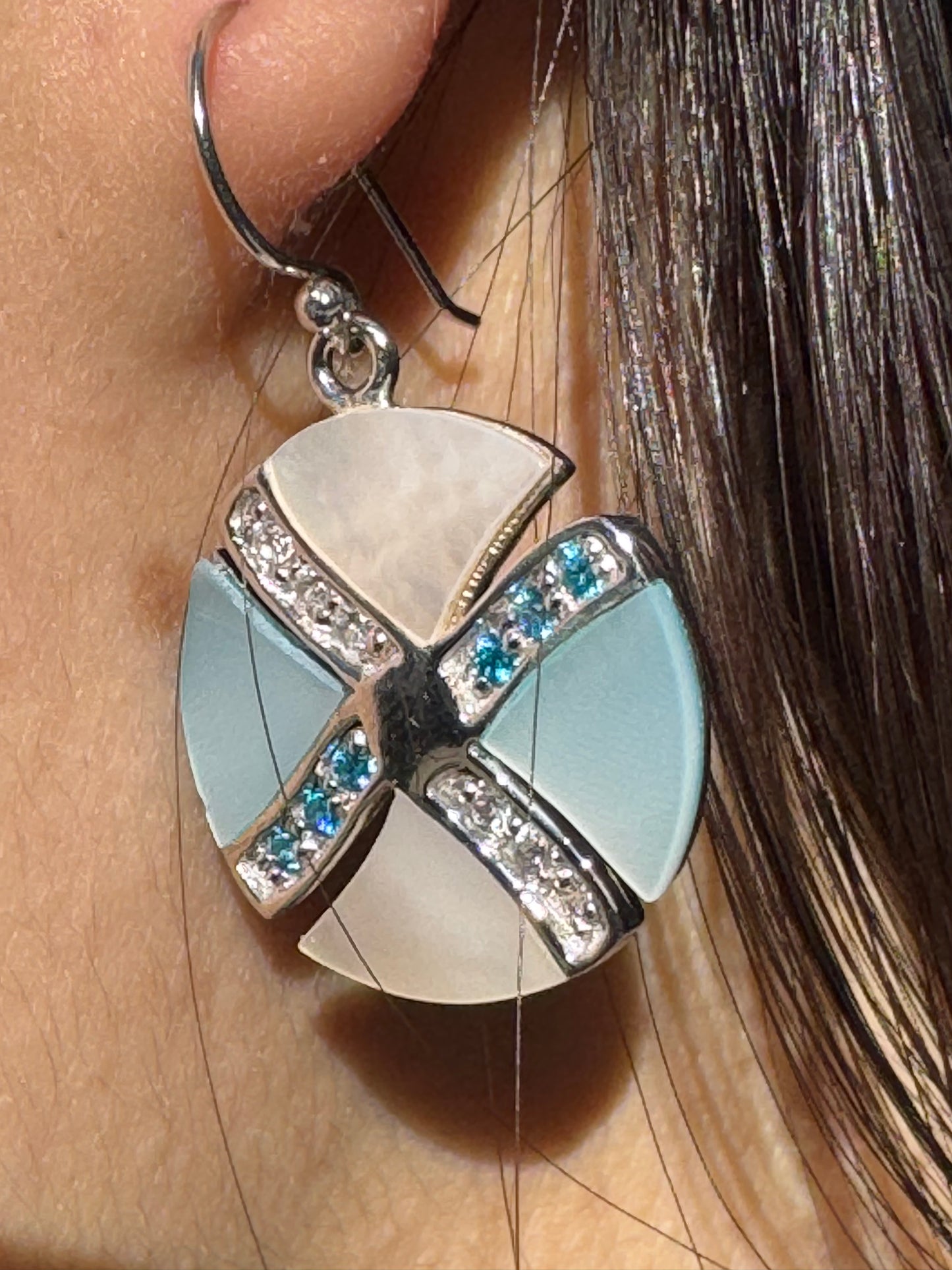 LIGHT BLUE AND WHITE GLITSY STERLING EARRINGS