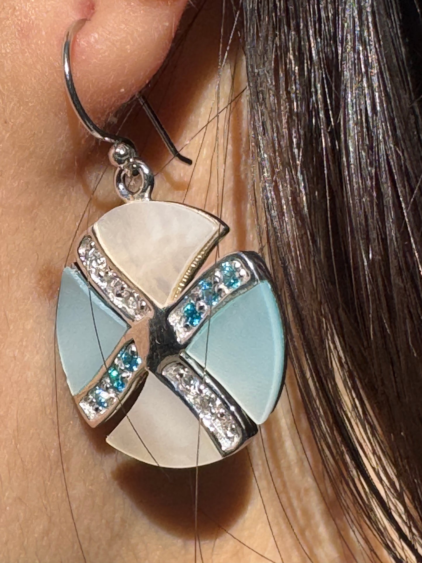 LIGHT BLUE AND WHITE GLITSY STERLING EARRINGS
