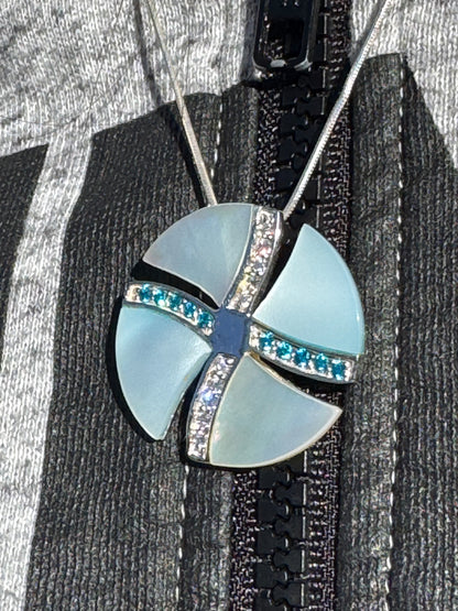 BIG WHITE AND BLUE MOTHER OF PEARL WITH WHITE AND BLUE CRYSTALS STERLING NECKLACE