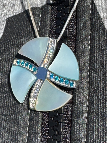 BIG WHITE AND BLUE MOTHER OF PEARL WITH WHITE AND BLUE CRYSTALS STERLING NECKLACE