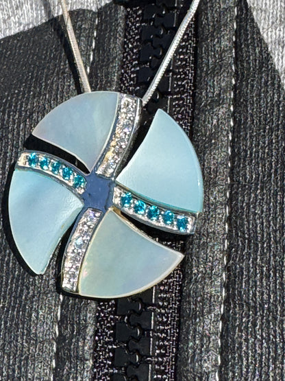 BIG WHITE AND BLUE MOTHER OF PEARL WITH WHITE AND BLUE CRYSTALS STERLING NECKLACE