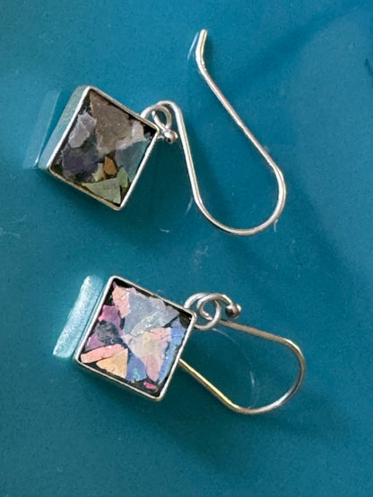 SMALL SQUARE ANCIENT ROMAN GLASS EARRINGS WITH PATENA