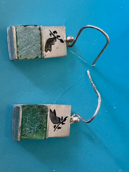 THE DOVE  WITH THE OLIVE BRANCH-GREEN ROMAN GLASS EARRINGS
