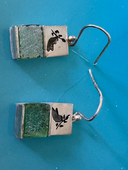 THE DOVE  WITH THE OLIVE BRANCH-GREEN ROMAN GLASS EARRINGS