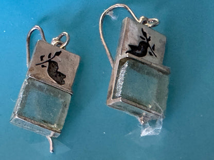 THE DOVE  WITH THE OLIVE BRANCH-GREEN ROMAN GLASS EARRINGS