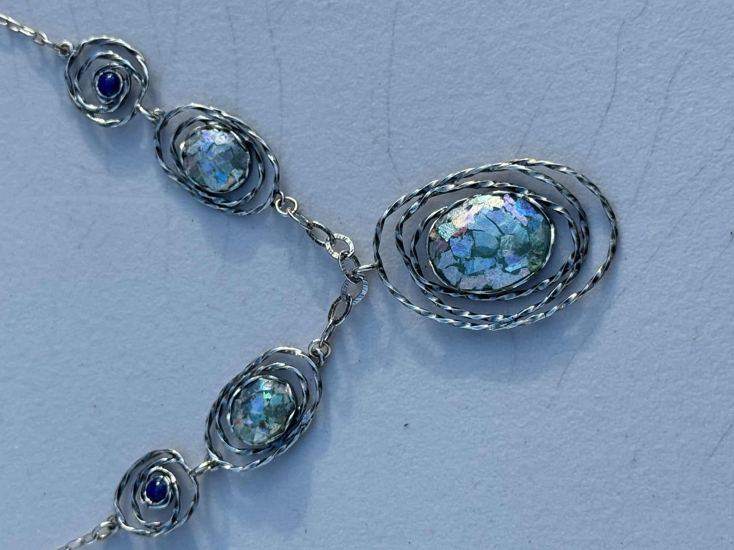 3 OVAL ROMAN GLASS PLUS TWO ROUND STERLING WITH LAPIS NECKLACE