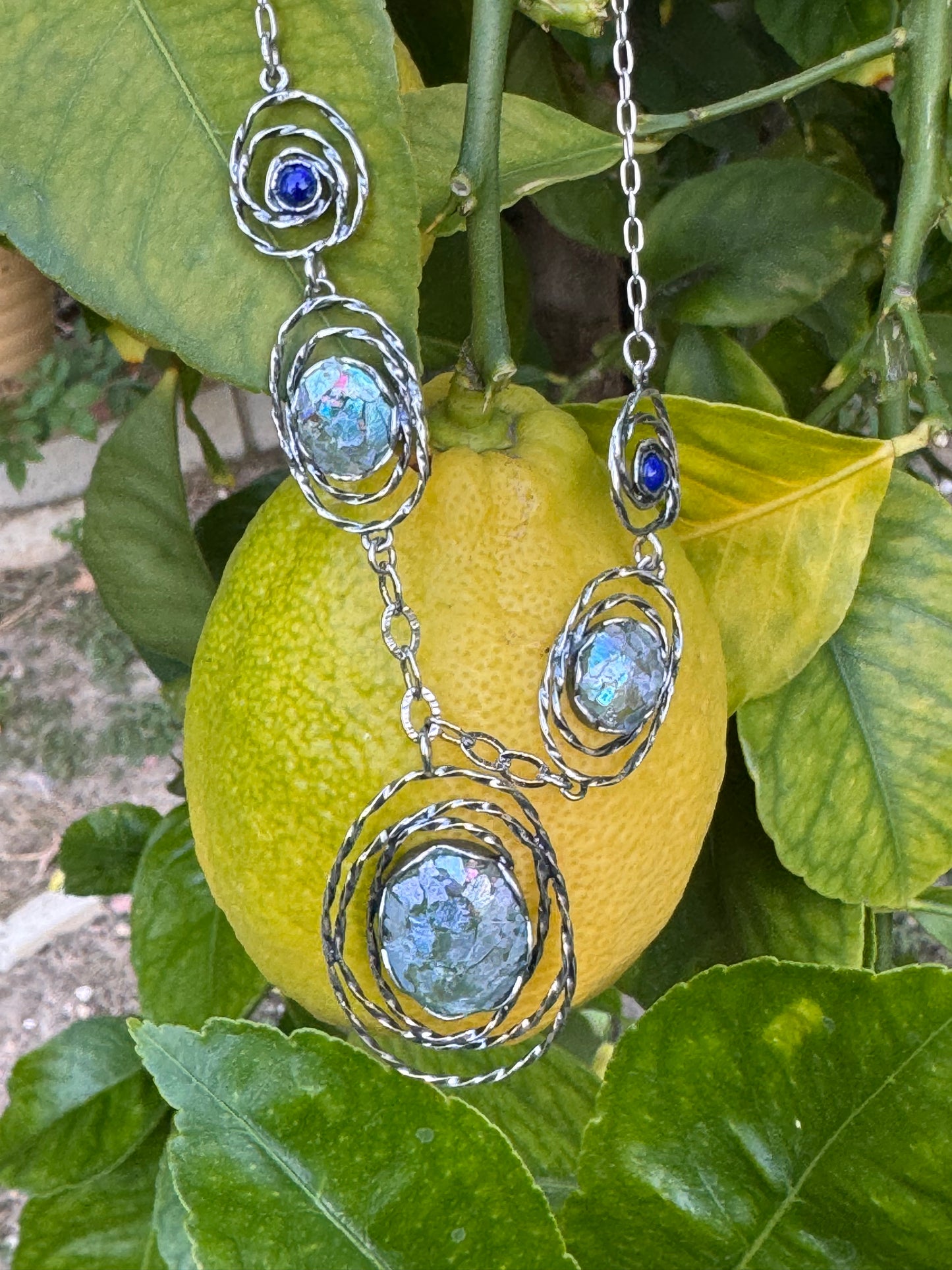 3 OVAL ROMAN GLASS PLUS TWO ROUND STERLING WITH LAPIS NECKLACE