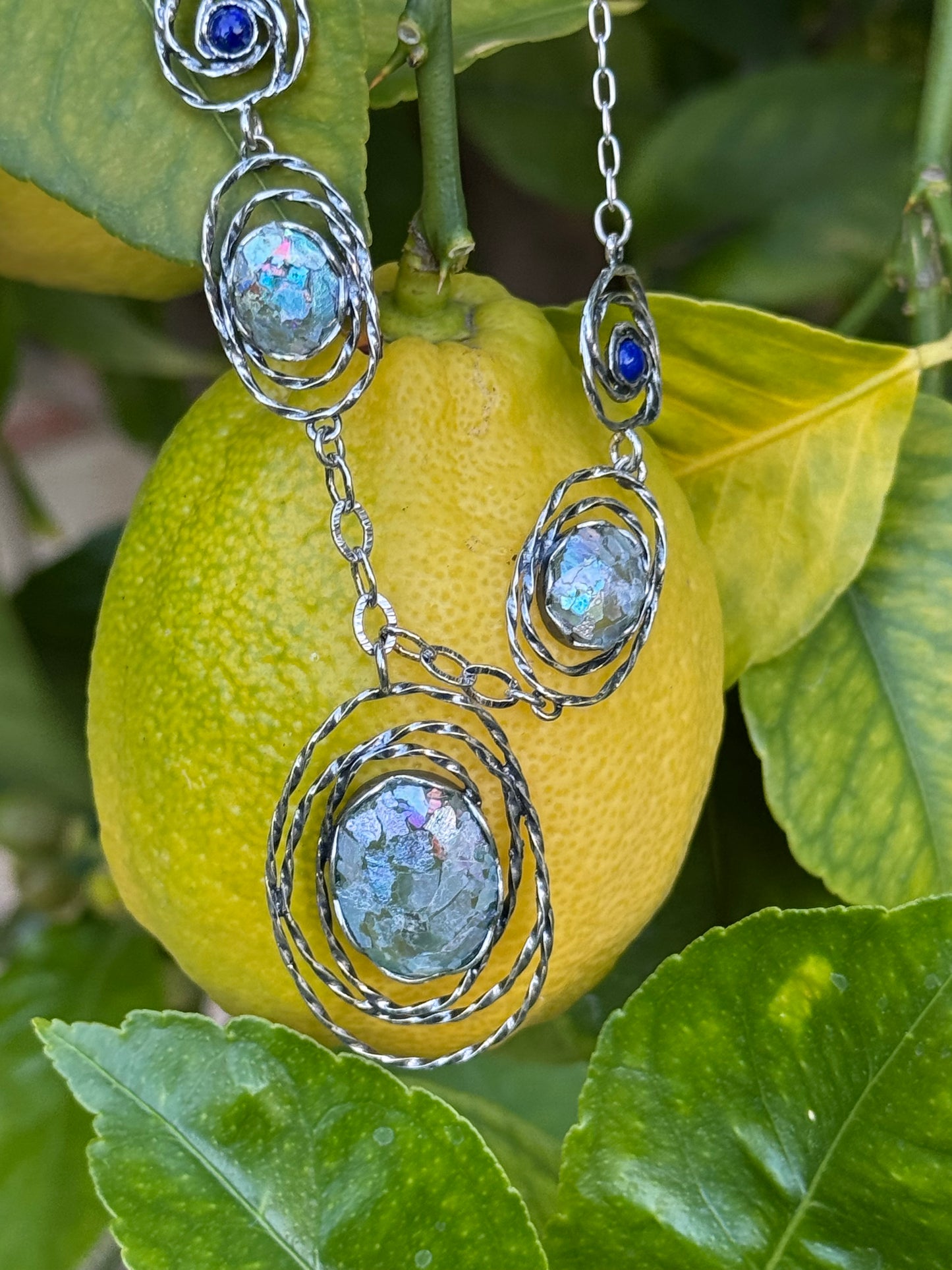 3 OVAL ROMAN GLASS PLUS TWO ROUND STERLING WITH LAPIS NECKLACE