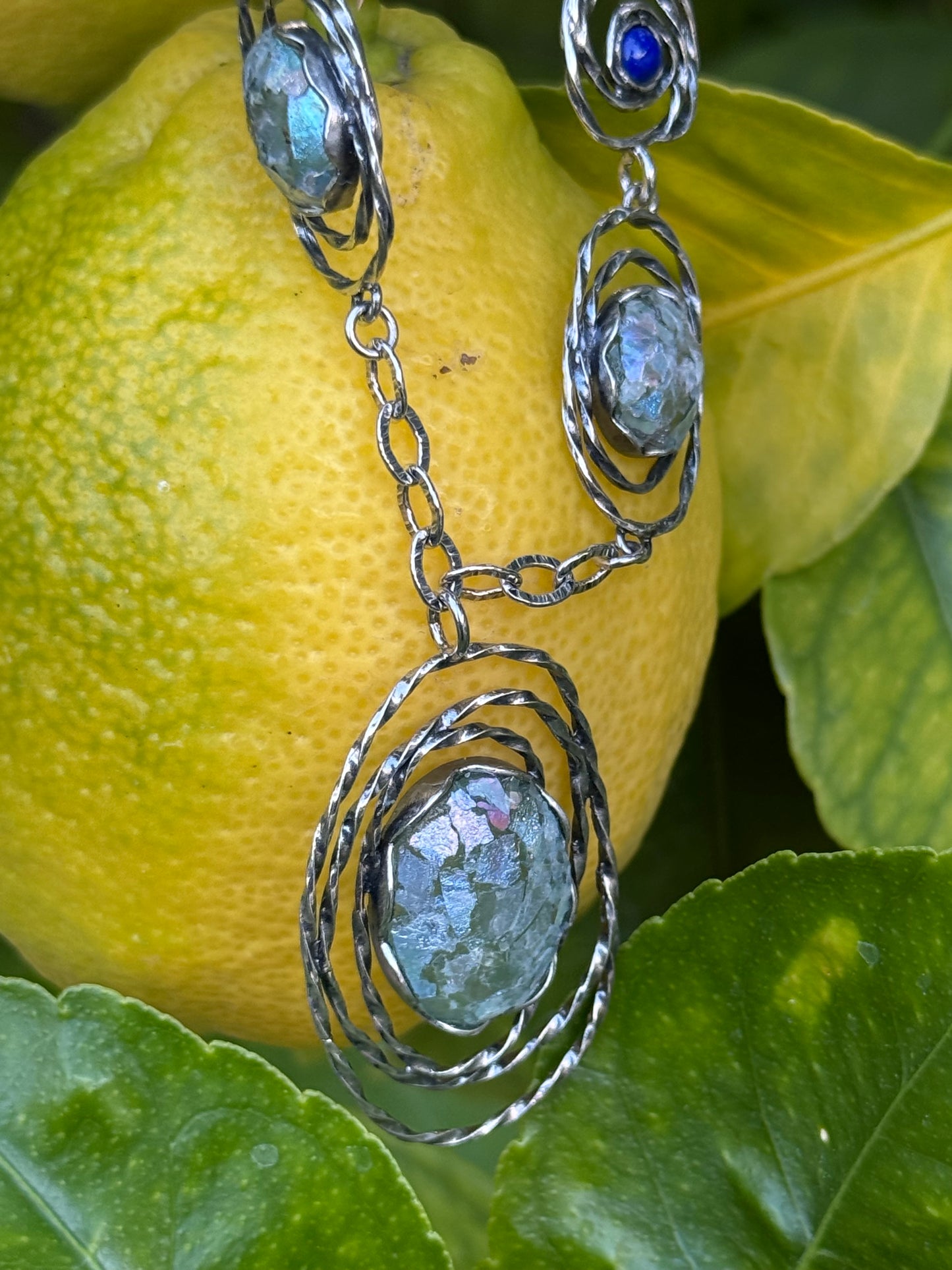 3 OVAL ROMAN GLASS PLUS TWO ROUND STERLING WITH LAPIS NECKLACE