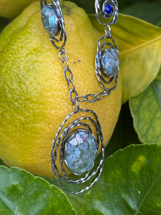 3 OVAL ROMAN GLASS PLUS TWO ROUND STERLING WITH LAPIS NECKLACE