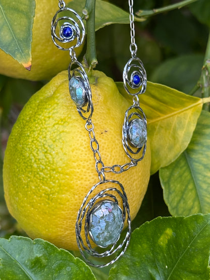 3 OVAL ROMAN GLASS PLUS TWO ROUND STERLING WITH LAPIS NECKLACE