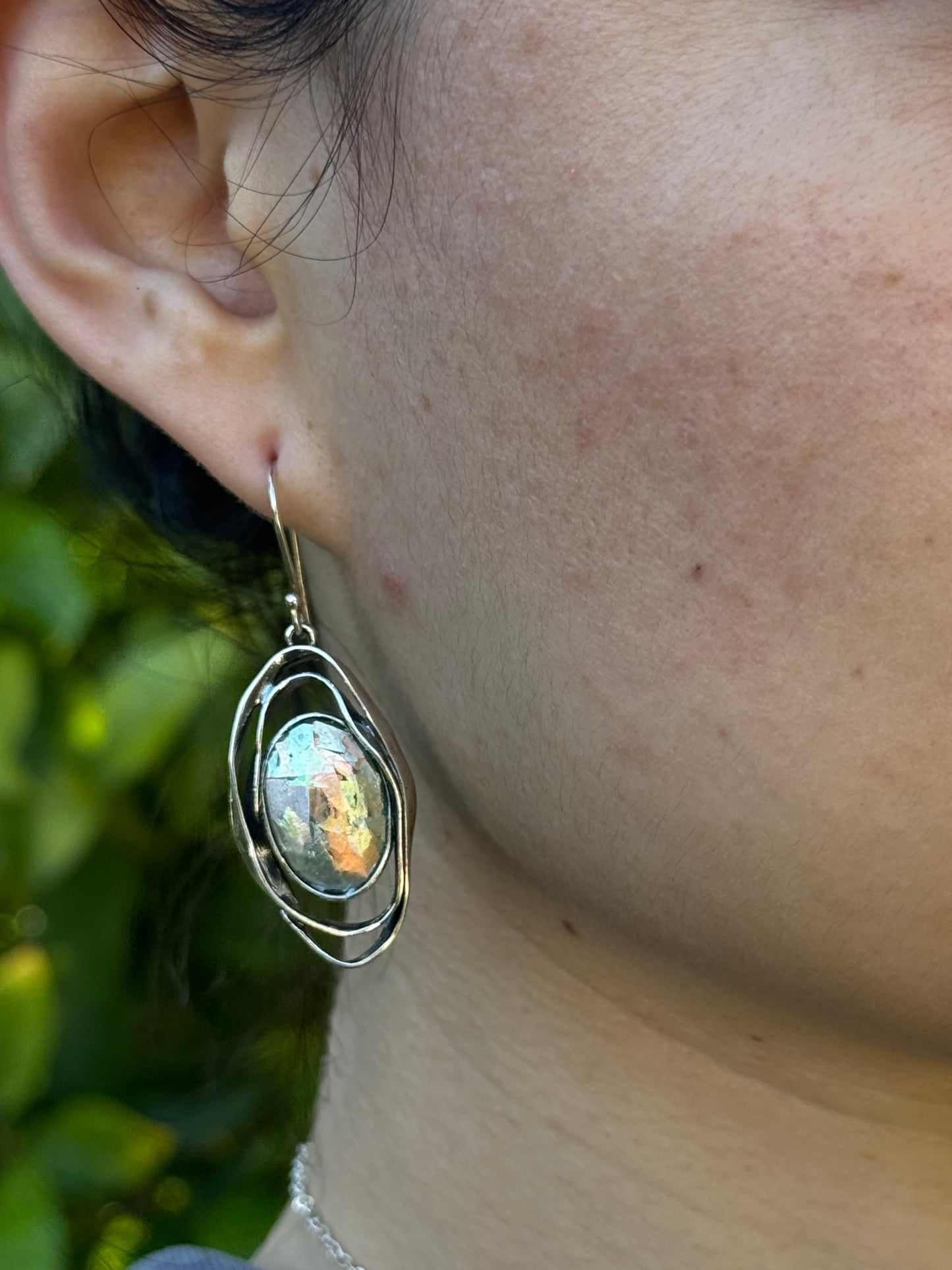 Oval ancient  roman glass 2 sterling circles earrings