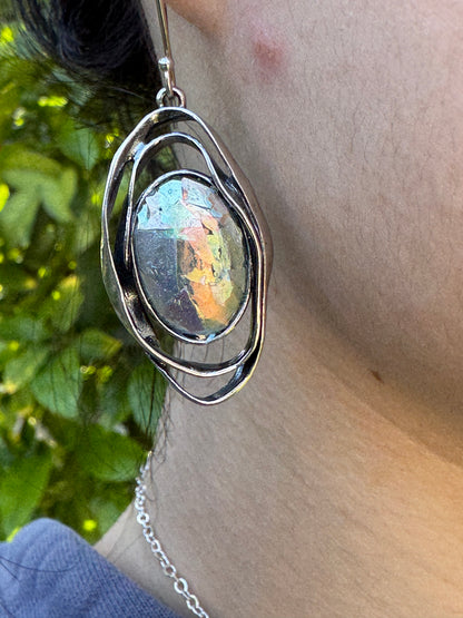 Oval ancient  roman glass 2 sterling circles earrings
