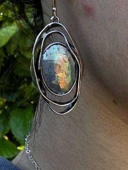 Oval ancient  roman glass 2 sterling circles earrings