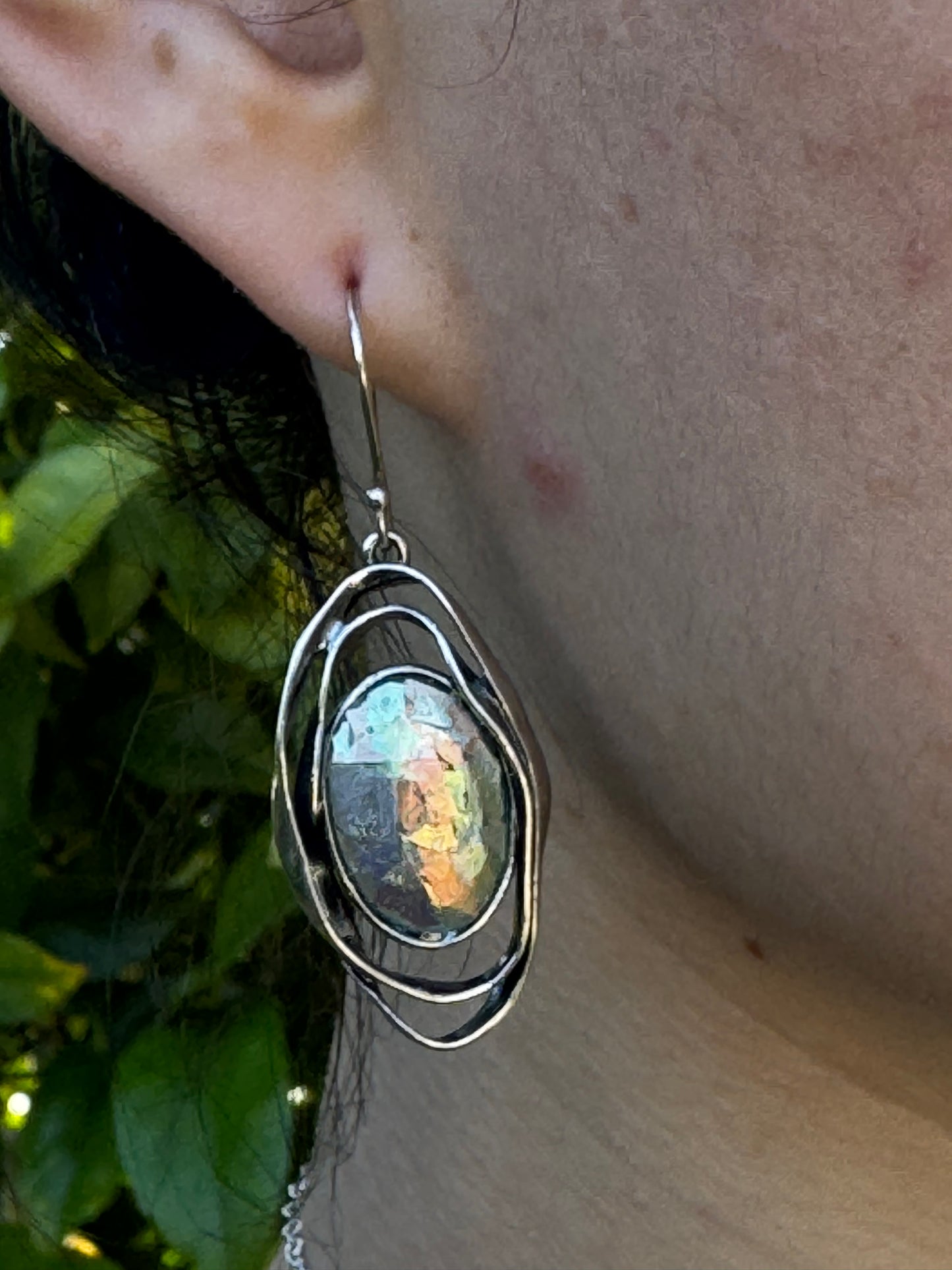 Oval ancient  roman glass 2 sterling circles earrings