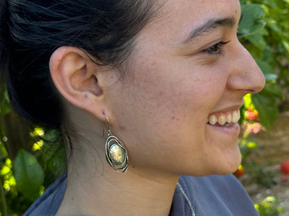 Oval ancient  roman glass 2 sterling circles earrings