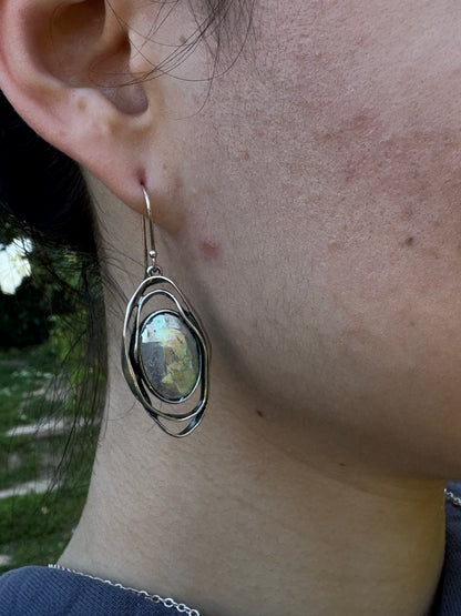 Oval ancient  roman glass 2 sterling circles earrings