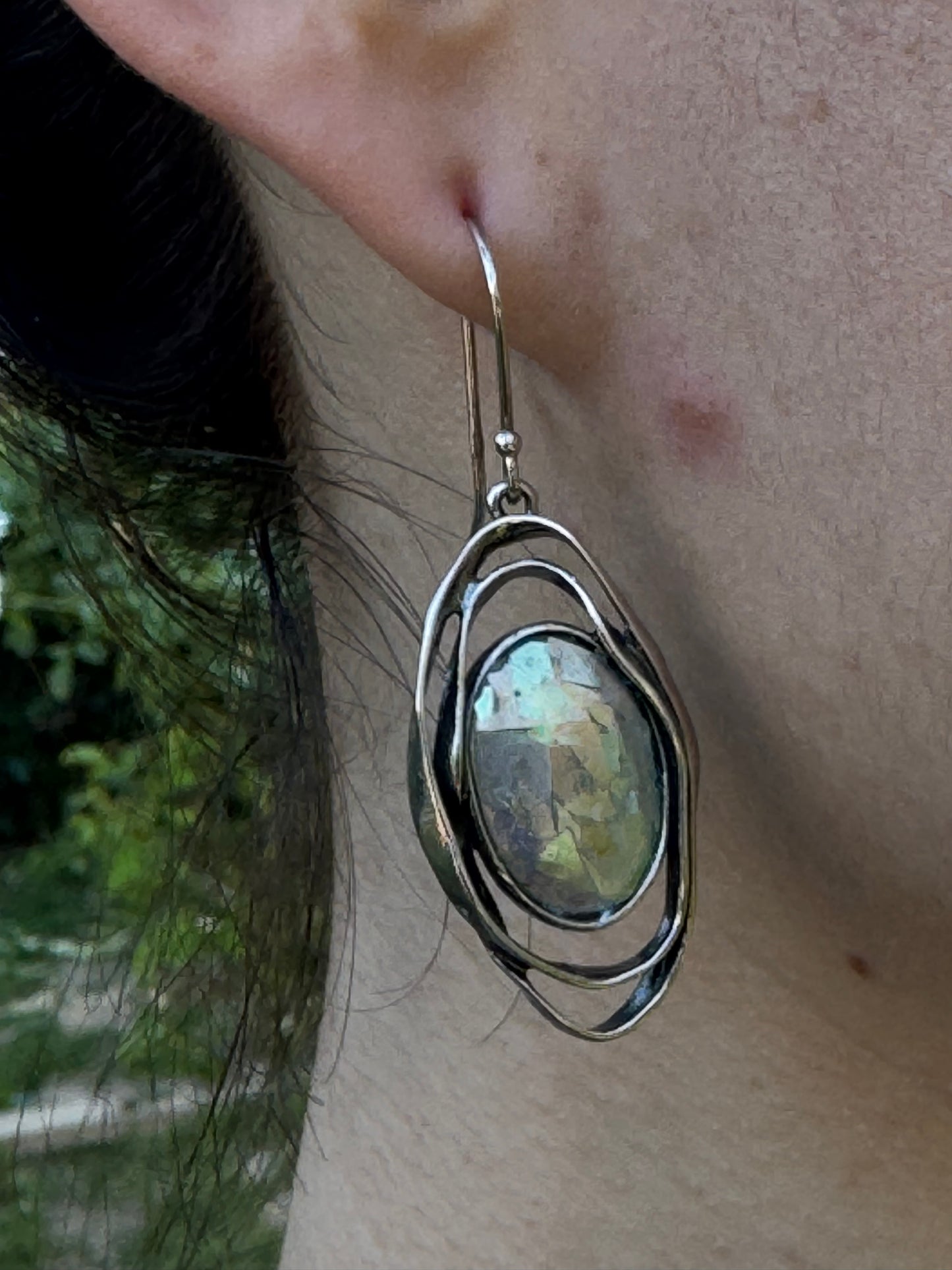 Oval ancient  roman glass 2 sterling circles earrings