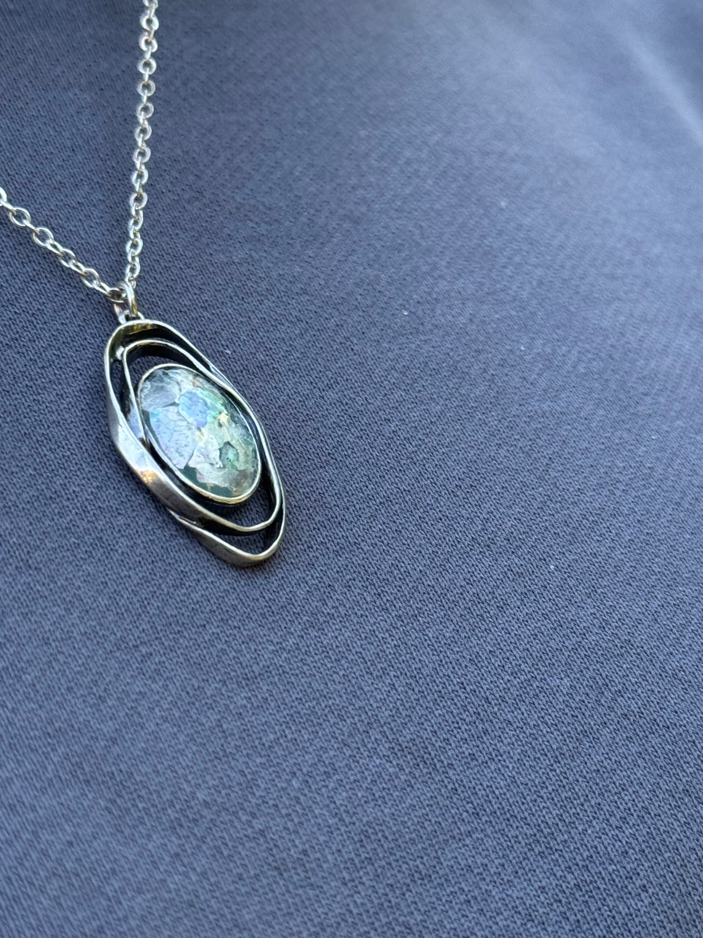 Oval ancient roman glass with two sterling loops necklace