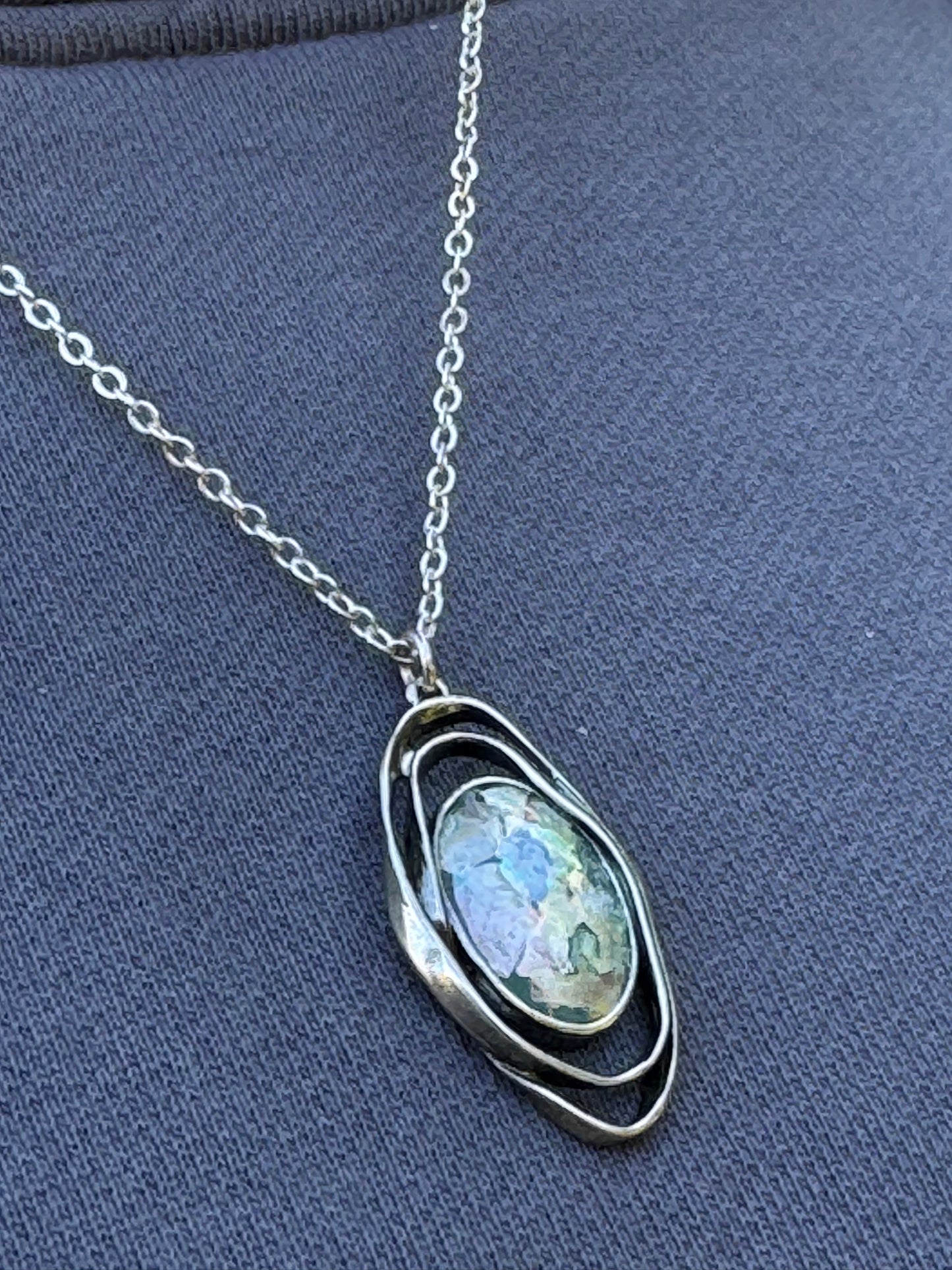 Oval ancient roman glass with two sterling loops necklace
