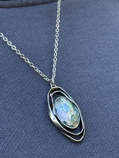 Oval ancient roman glass with two sterling loops necklace