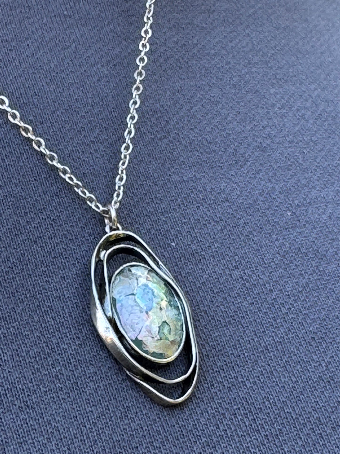 Oval ancient roman glass with two sterling loops necklace