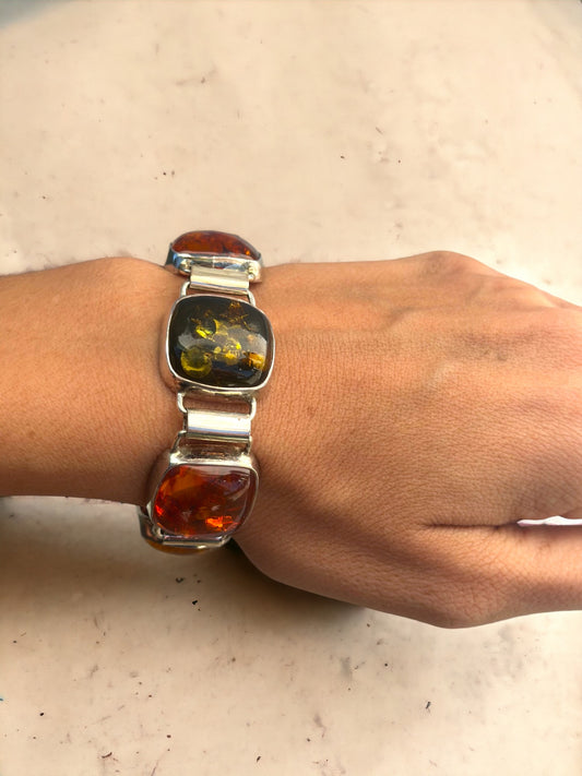 Multi-Color Amber Sterling Silver Bracelet