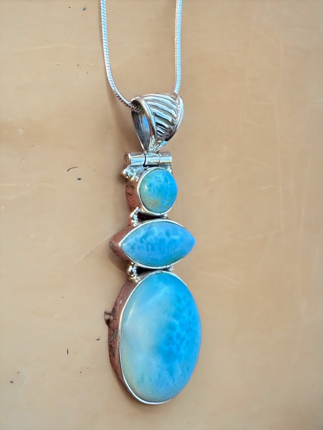Sterling Silver 3 Larimar Stones Necklace