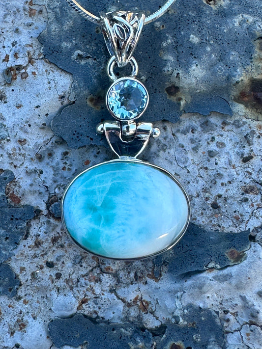 Oval Larimar & Round Blue Topaz Sterling Silver Necklace