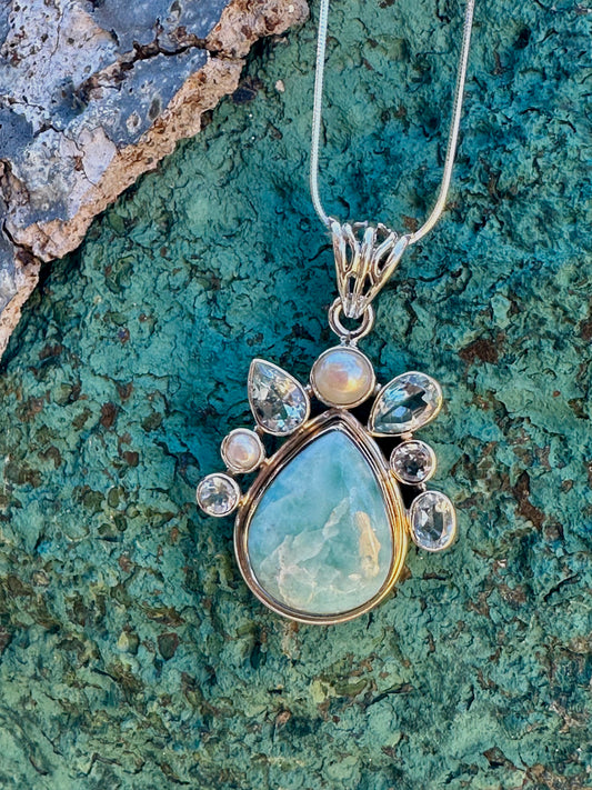 Teardrop Larimar & 5 Blue Topaz Stones & 2 Pearls Sterling Silver Necklace