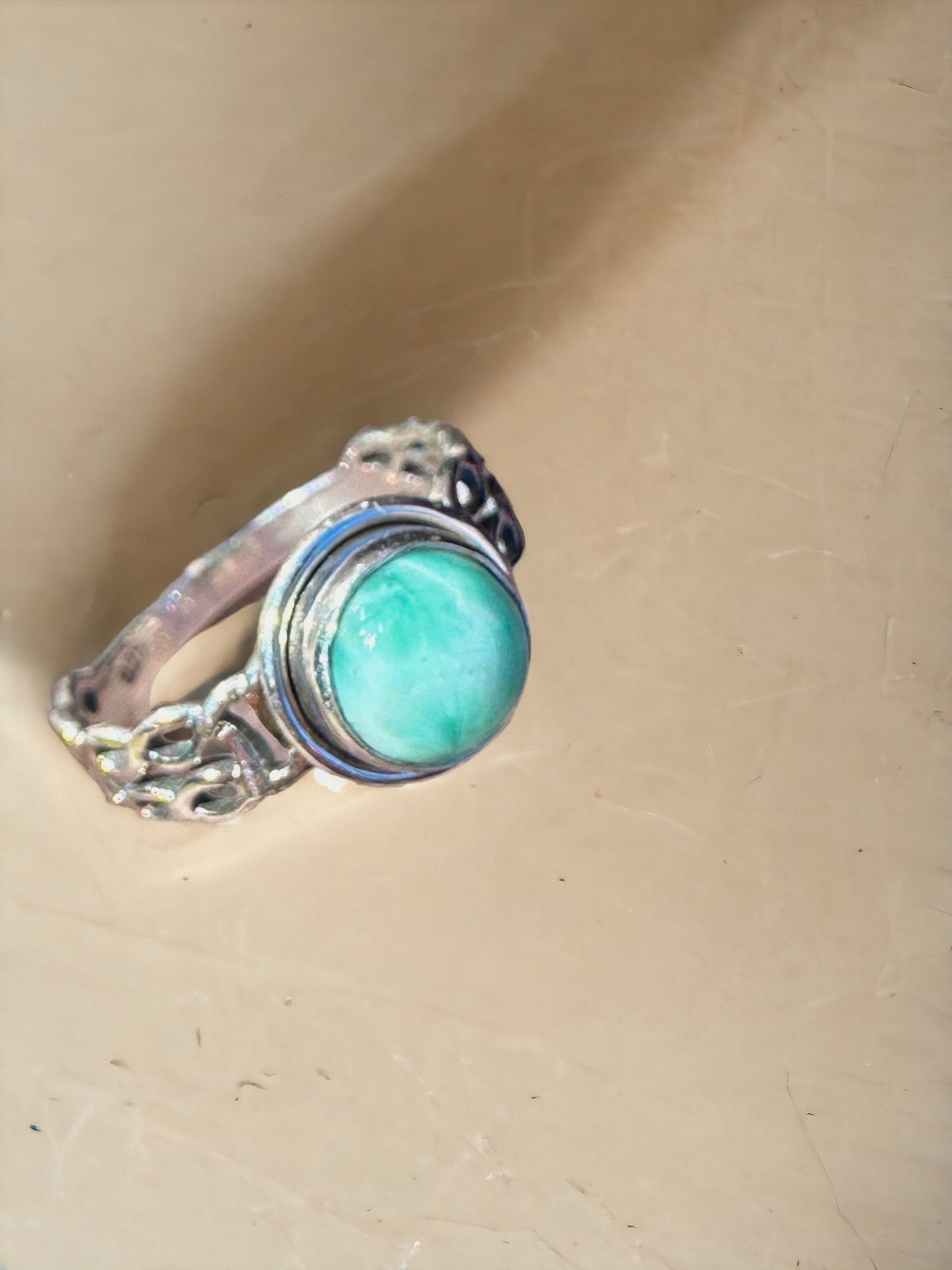 Small Larimar Decorated Band Sterling Silver Ring