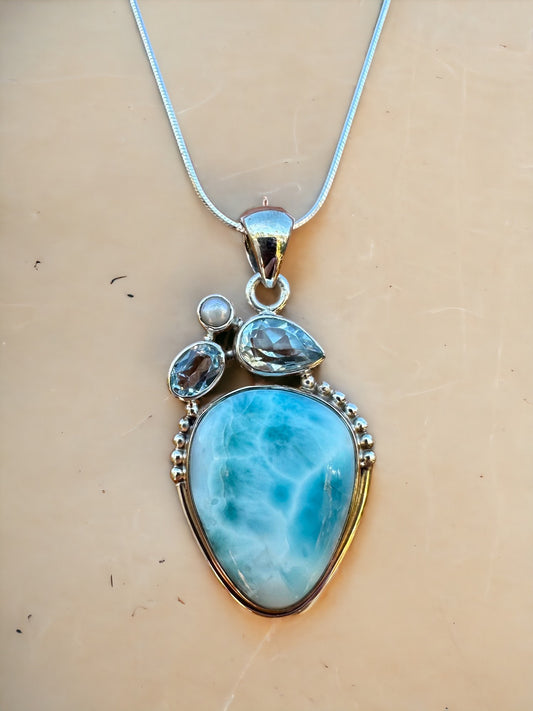 Larimar Teardrop Blue Topaz & Pearl Sterling Silver Necklace