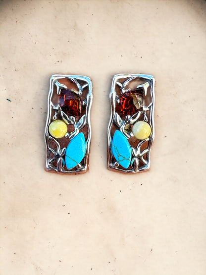 Turquoise & Amber Rectangle Sterling Silver Post Earrings