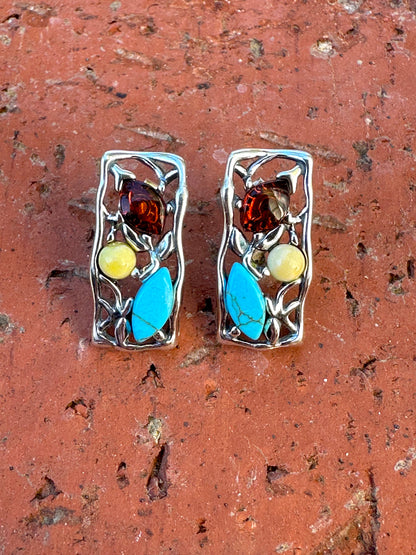 Turquoise & Amber Rectangle Sterling Silver Post Earrings